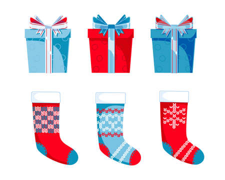 Set of Christmas gift boxes and stockings in red and blue colors isolated on white background.のイラスト素材