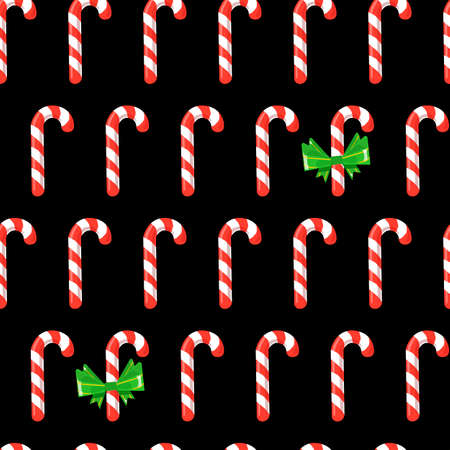 Candy canes Christmas seamless pattern on black background. Xmas, New Year, lollipop, sweets concept for wrapping, wallpaper, backdrop, print, textile.のイラスト素材