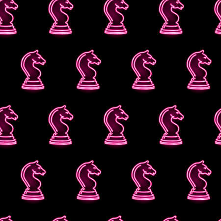 Seamless pattern with neon icons of chess knight horses on black background. Strategy, game, composition concept.のイラスト素材