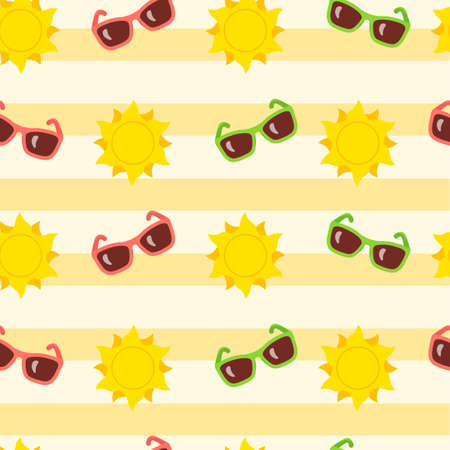 Sunglasses and suns icons seamless pattern in striped background.