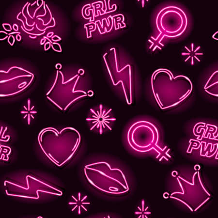 Girly seamless pattern with neon icons on dark background. Girl power or feminist concept. Vector 10 EPS illustration.のイラスト素材