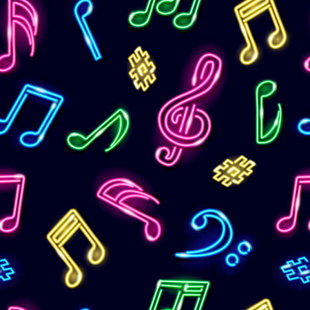 Seamless pattern with neon pink, blue, green, yellow music notes on dark background. Vector 10 EPS illustration.のイラスト素材
