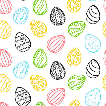 Easter seamless pattern with blue, green, yellow, pink and black hand drawn eggs on white background. Doodling style. Vector illustrationのイラスト素材
