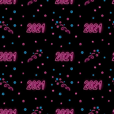 Neon 2021 New Year seamless pattern with pink and blue icons on black background. Happy winter holidays, celebrating, firework concept. Night signboard style. Vector   illustration.のイラスト素材