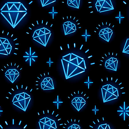 Neon diamonds seamless pattern. Jewelry, fashion, girly concept for wallpaper, print or wrapping paper. Blue glowing gems on dark background. Vector illustration.のイラスト素材