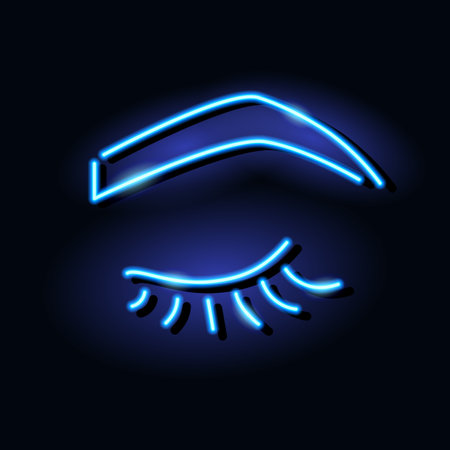 Neon icon of woman long eyelashes and eyebrow. Beauty salon, cosmetics, eyelash extension, makeup concept. Vector illustration isolated on dark backgroundのイラスト素材