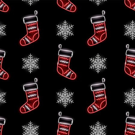 Seamless pattern with neon Christmas stockings and snowflakes on black background. Winter holidays, Xmas, gifts concept for wallpaper, wrapping, print. Vector illustration.のイラスト素材