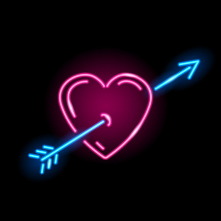 Neon icon of heart with arrow isolated on black background. Love, St. Valentine Day, lovestruck concept. Vector illustration.のイラスト素材