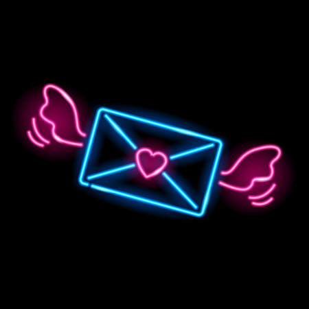 Neon icon of flying love letter isolated on black background. Blue envelope with pink wings and heart stamp. St. Valentine Day, mail, love, correspondence concept. Vector illustration.のイラスト素材
