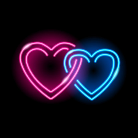 Neon icon of two intertwined hearts isolated on black background. Blue and pink connected heartshape symbols. St. Valentine Day, lovers, wedding concept. Vector illustration.のイラスト素材