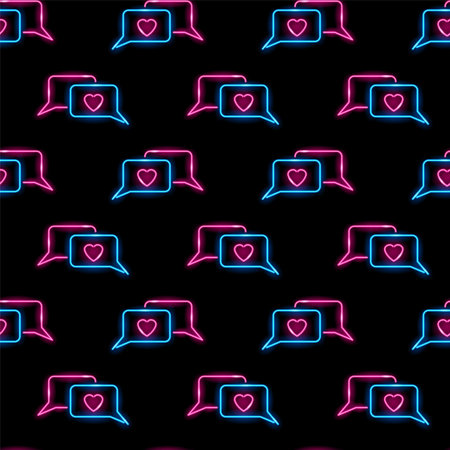 Seamless pattern with neon icons of love chat messages on black background. Valentines Day, love conversation, romance, social network concept. Vector illustration.のイラスト素材