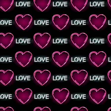 Seamless pattern with neon icons of heart and love word on black background. Valentines Day,...