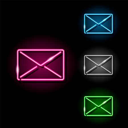 Set of neon mail envelope icons in four different colours isolated on black background. Email, message, letter concept. Night signboard style. Vector llustration.のイラスト素材