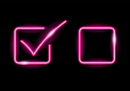 Neon tick and empty cell icons isolated on black background. Yes and No, vote, choice, test or examination concept. Night signboard style. Vector illustration.のイラスト素材