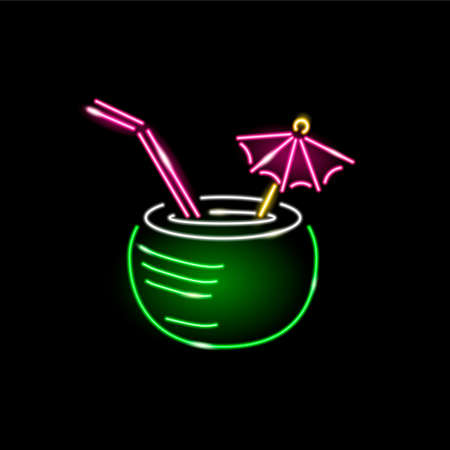 Neon icon of coconut water drink. Vector illustration isolated on black background. Exotic, summer, tropical, beauty concept for banner, web design.のイラスト素材