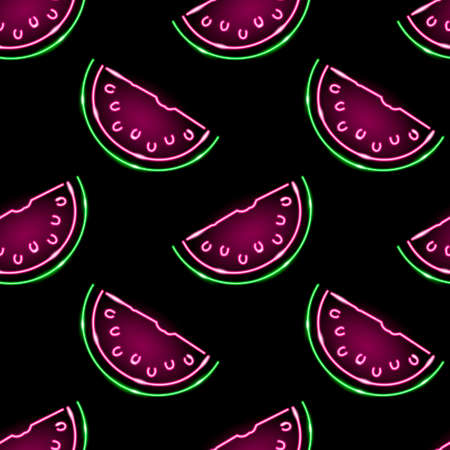 Vector seamless pattern with neon watermelon slices on black background. Summer, exotic, freshness,...