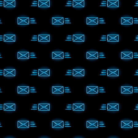 Seamless pattern with blue neon mail envelope icons on black background. Email, message, letter concept. Vector illustration.のイラスト素材