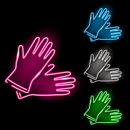 Set of neon medical protective latex glove icons in four different colours isolated on black background. Medicine, work, safety, health care concept. Vector illustration.のイラスト素材