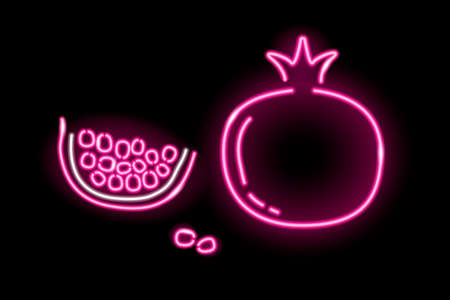 Neon garnet fruit and slice with seeds icons isolated on black background. Summer, health food, fresh juice concept for logo, banner. Vector illustration.のイラスト素材