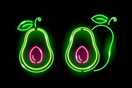 Neon icon of avocado fruit isolated on black background. Health food, keto diet, vegetarian concept for logo, banner. Vector illustration.のイラスト素材