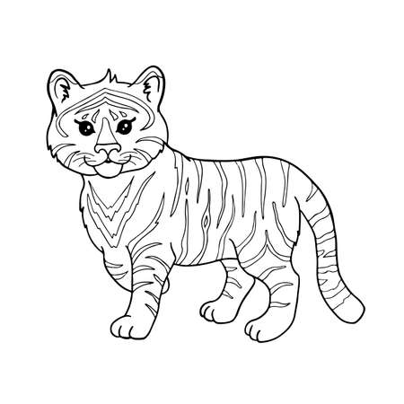 Cute cartoon tiger for coloring page or book. Black and white outline vector illustration of wild animal character.のイラスト素材