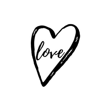 Hand drawn ink heart with text love. Valentines Day or wedding concept. Isolated on white background. Vector illustration.のイラスト素材