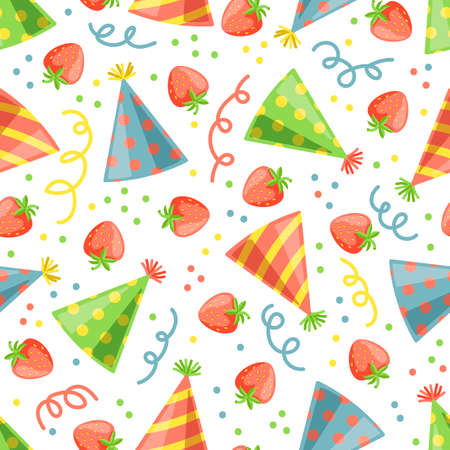 Cute holyday seamless pattern with Birthday caps and strawberry on white background. Party, summer, kids concept. Vector illustration.のイラスト素材