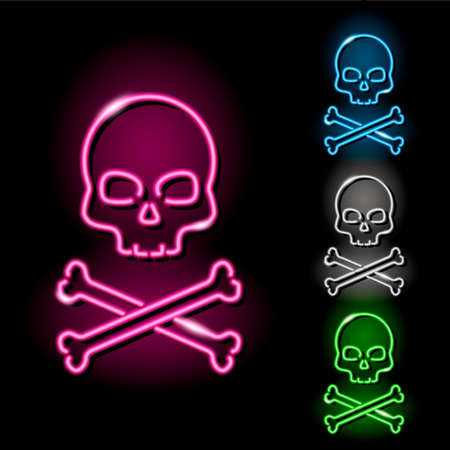 Set of neon skull and crossbones icons in four different colors isolated on black background. Pirates, danger, death, sceleton concept. Night signboard style. Vector illustration.のイラスト素材