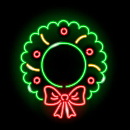 Neon icon of Christmas wreath with decorations isolated on black background. Christmas, winter, New Year concept. Vector illustration.のイラスト素材