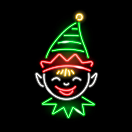Neon icon of Christmas elf face isolated on black background. Winter holidays, X-mas, New Year, kids concept. Vector illustration.のイラスト素材