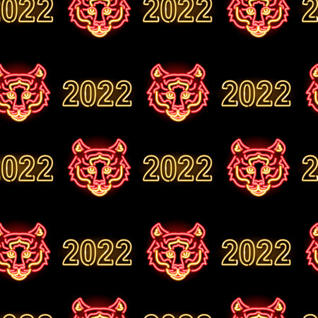 Neon 2022 New Year seamless pattern with tiger faces and numbers on black background on black background. Happy winter holidays, Chinese New Year, zodiac symbol concept. Vector illustration.のイラスト素材