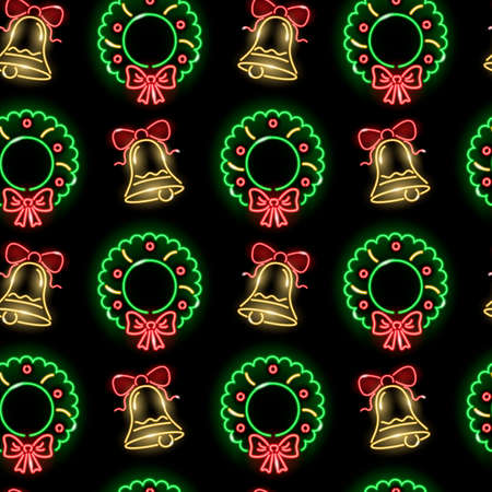 X-mas seamless pattern with neon icons of Cristmas wreath and bells on black background. Winter holidays, Christmas, New Year concept for wallpaper, wrapping, print. Vector illustration.のイラスト素材