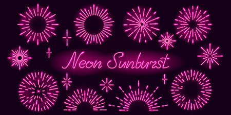 Set of neon sunburst or starburst design elements on dark purple background. Explosions of radial glowing rays. Frame of radial glowing rays. Vector illustration.のイラスト素材