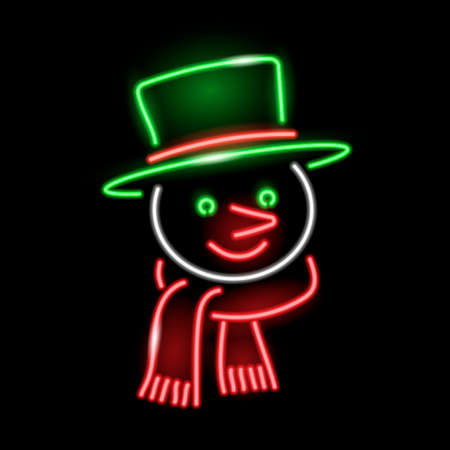 Neon snowman face icon isolated on black background. Winter, Christmas, children, holiday concept. Vector illustration.のイラスト素材