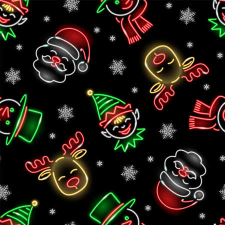 Cute Christmas seamless pattern with neon happy faces of Santa Claus, Deer, elf, snowman icons on black background. Winter holidays, Xmas, masquerade concept. Vector illustration.のイラスト素材