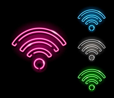 Set of neon wifi symbol icons in four different colours isolated on black background. Wireless, internet, web, wifi concept. Night signboard style. Vector illustration.のイラスト素材