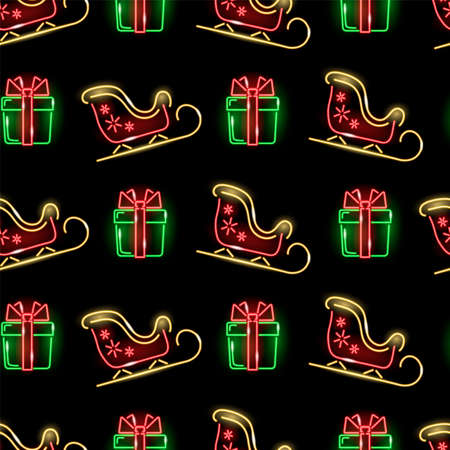 Neon Christmas seamless pattern with icons of Santas sleigh and gift boxes on black background. Cristmas, Boxing Day, New Year, winter holidays concept for wrapping, print. Vector illustration.のイラスト素材