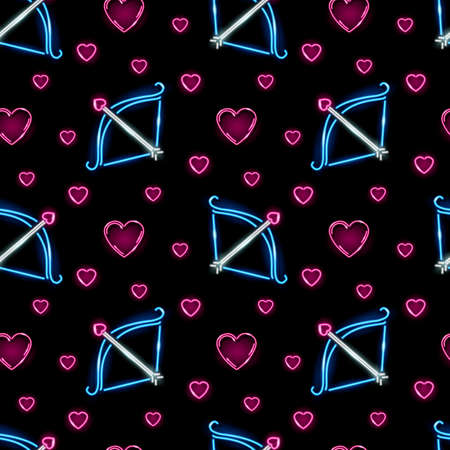 Neon Valentines Day seamless pattern with icons of heart and Cupids bow on black background. Love, wedding, romance concept. Vector illustration.のイラスト素材