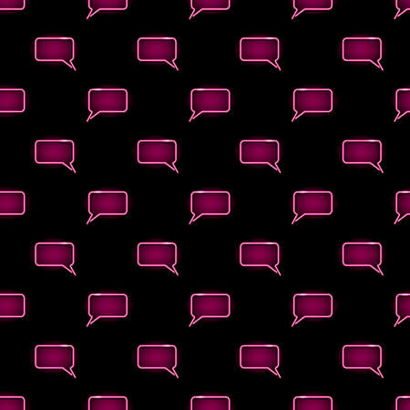 Neon chat message seamless pattern with pink speech bubble icons on black background. SMS, web, mobile technology concept. Night signboard style. Vector illustration.のイラスト素材
