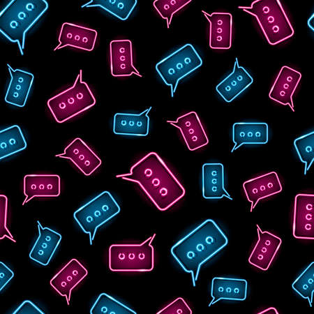 Neon speech bubbles seamless pattern with pink and blue icons on black background. Chat message, SMS, web concept.のイラスト素材