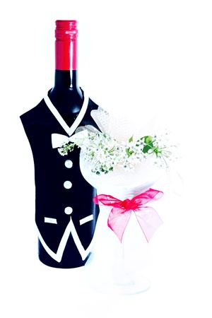 Wedding wine bottle isolated on white の写真素材