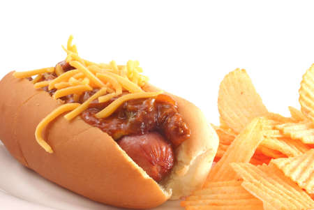 Hot Dog with Chili and Cheese with Chipsの写真素材