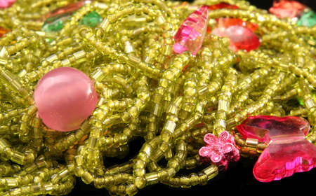Green Beaded Necklace on Black Background, Close-upの写真素材