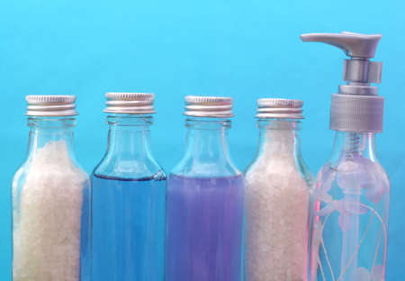 Bath and Shower Products on Blue Backgroundの写真素材