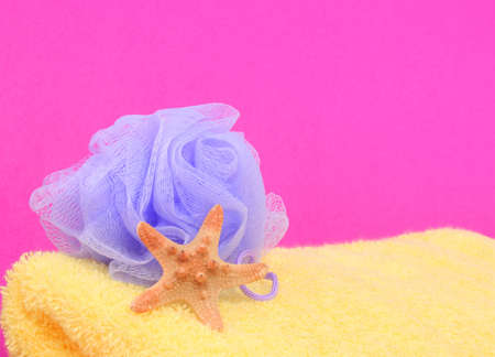 Sponge and Towel With Starfish on Pink Backgroundの写真素材