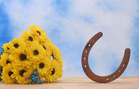 Yellow Flowers and Rusty Horseshoe on Blue and White Textured Backgroundの写真素材