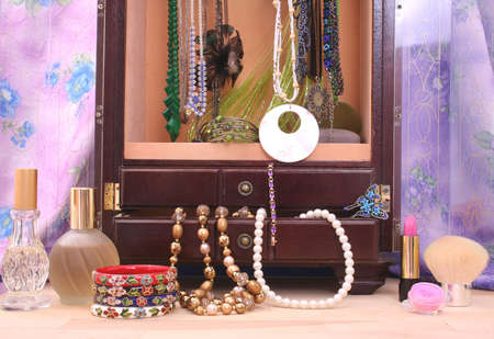 Cosmetics and Jewelry Box With Perfume, Close-upの写真素材