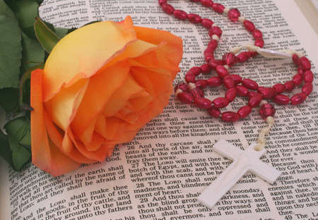 Rose With Rosary on open Bibleの写真素材