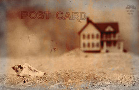 Vintage Grunge Style Postcard With Sea Shell and Houseの写真素材