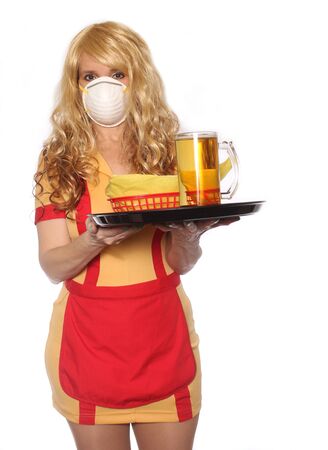 Restaurant and Bar Waitress Wearing Face Mask To Prevent illnessの写真素材